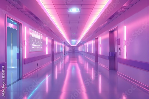 Futuristic hospital hallway with neon lights in purple and pink hues, creating a modern sci-fi ambiance with reflective floors.