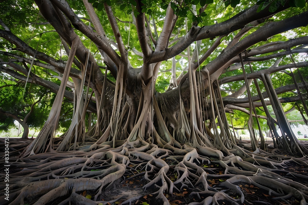 A sprawling banyan tree with aerial roots reaching towards the ground ...