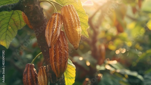 Cacao Pods Growing Organically on Trees in Nature
