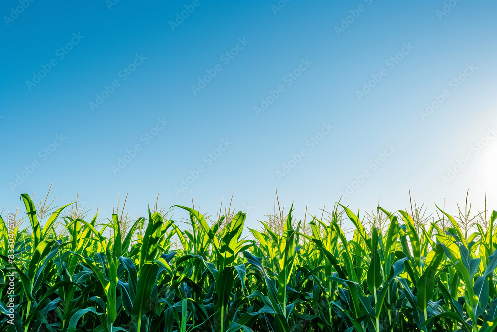 Obraz premium Green summer cornfield under the clear blue sky.