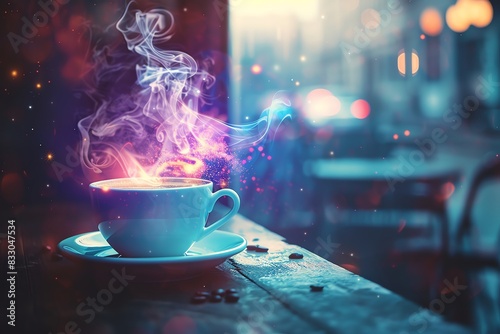 Craft a dynamic image of coffee with beautiful, imaginative, and magical elements, selective focus, ethereal, overlay, rustic cafe backdrop photo