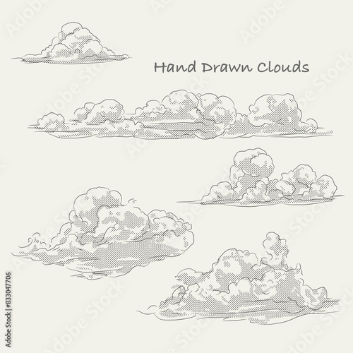 hand drawn summer clouds with line and halftone pattern.