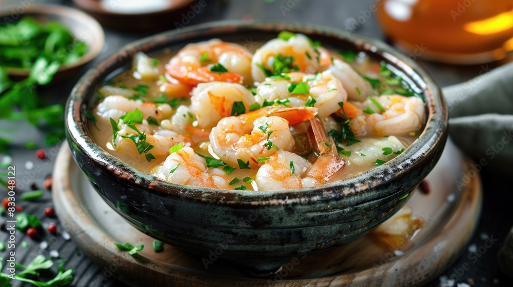 Moqueca fish and shrimp, a traditional dish of Brazilian cuisine. Stewed fish with shrimps, cooked in a delicious rich and aromatic broth. On a dark background. Moqueca fish and shrimp, a traditional dish of Brazilian cuisine. Stewed fish with shrimps, cooked in a delicious rich and aromatic broth. On a dark background.