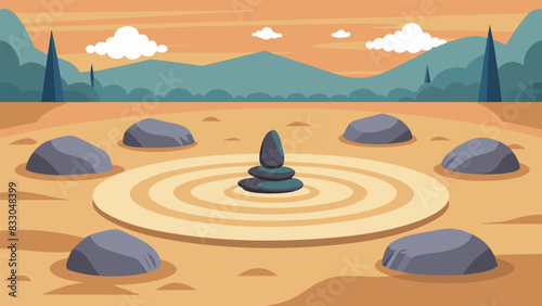 A serene zen garden with carefully raked sand and carefully p rocks providing a peaceful space for attendees to sit and contemplate.. Vector illustration