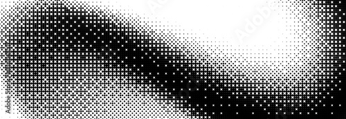 Bitmap grunge gradient texture background. Black and white pixelated dither wave pattern. Abstract glitchy 8 bit game wallpaper. Retro wide rasterized backdrop. Pixel art illustration. Vector