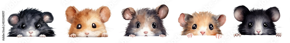Watercolor mice peeking png element set on transparent background Watercolor mice peeking png element set on transparent background