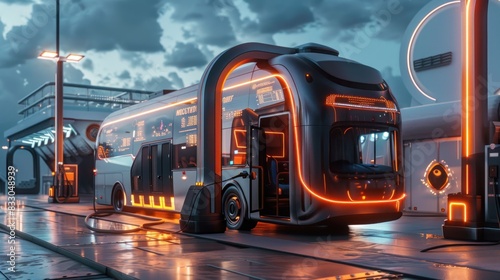 A digitally textured 3D illustration with matte painting depicting a generic electric bus or tanker design in a futuristic style, undergoing battery replacement at a high-speed charging station. photo