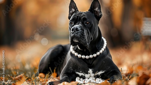 A black Cane Corso with a white chest resting against vintage pearls in an autumn park photo