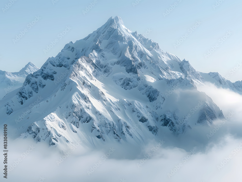 Obraz premium A snow-covered mountain peak peeks above the clouds.
