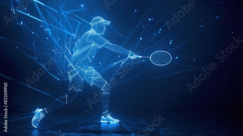 A wireframe representation of a badminton player enhanced with lighting effects. photo