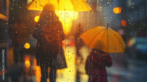 A woman and child walking with a yellow umbrella in the rain.