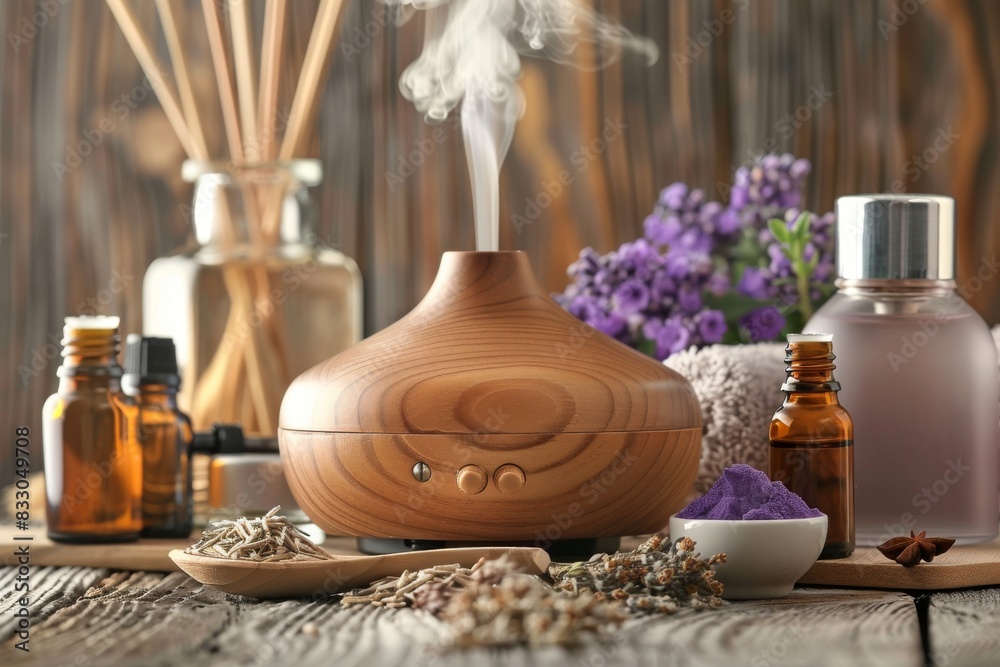 A collection of essential oils with a wooden diffuser and aromatic steam in the background A collection of essential oils with a wooden diffuser and aromatic steam in the background