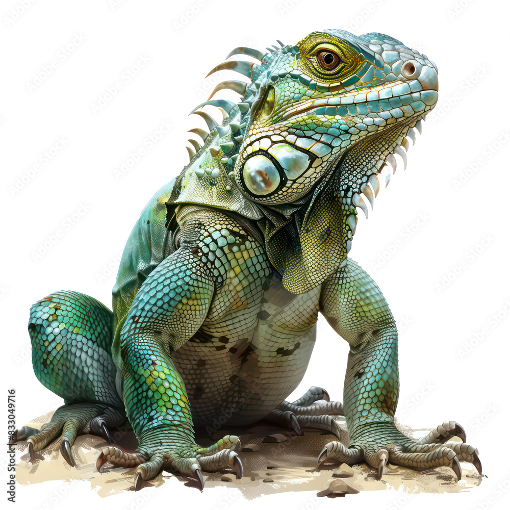 Obraz premium Vivid Green Iguana with Sharp Claws and Scales, High Resolution Stock Image, Isolated on Transparent Background