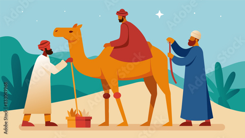 Two men carefully lift and arrange a lifesized camel prop into place ready to be part of the live nativity scene.. Vector illustration