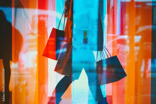 A person carrying shopping bags walks through a colorful, blurred storefront.  The image evokes a sense of motion and excitement.