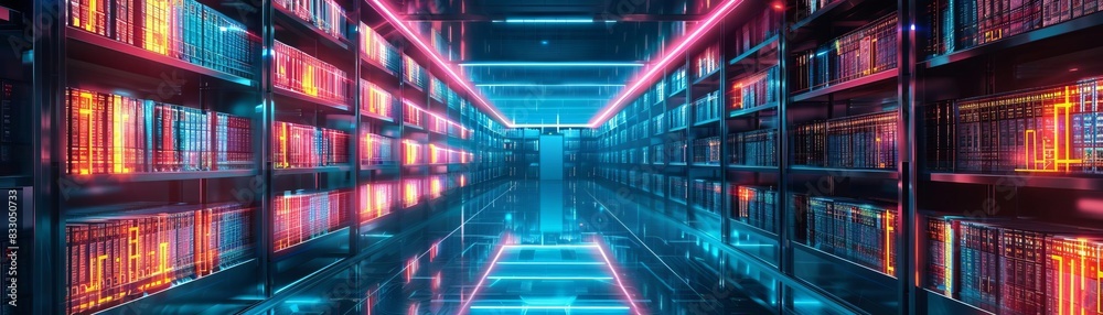 Futuristic library with neon lights, showcasing modern technology and innovation in a vibrant, colorful, and sleek digital environment. Futuristic library with neon lights, showcasing modern technology and innovation in a vibrant, colorful, and sleek digital environment.