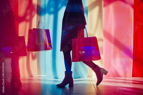 A woman walks with shopping bags in front of colorful, abstract lighting.