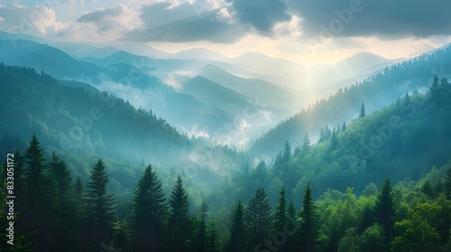 Majestic Mountain Landscape with Dramatic Cloudy Sky and Lush Forested Valley