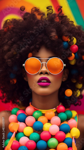 Pop art fashion photoshoot. Beautiful afroamerican model, elaborate outfit, makeup and glasses. Vertical banner, tiktok or instagram story 