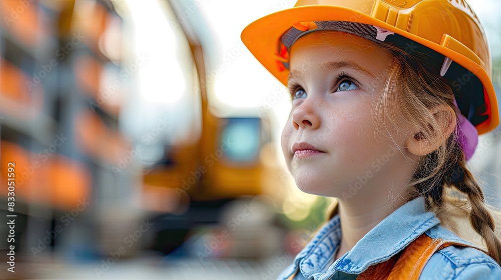 Young girl wearing a yellow hard hat looks up at a large construction site