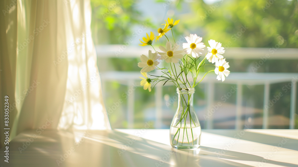 Vase of white daisies on windowsill with sunlight and sheer curtains Vase of white daisies on windowsill with sunlight and sheer curtains