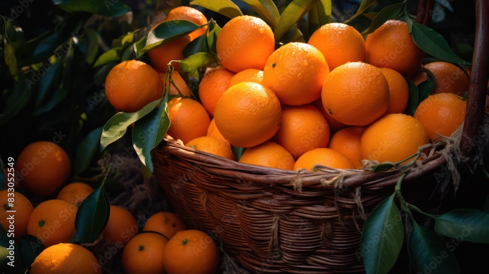 close-up shot of a basket overflowing with oranges, close-up shot of a basket overflowing with oranges,