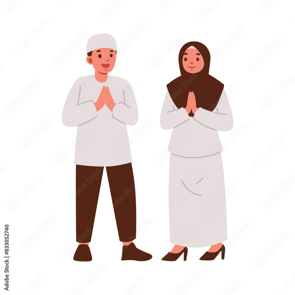 Illustration of man and woman in traditional clothing exchanging a respectful greeting. Illustration of man and woman in traditional clothing exchanging a respectful greeting.