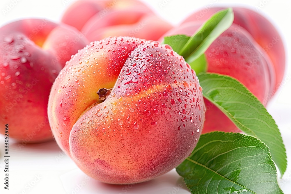 Peach with leaf isolated on white background