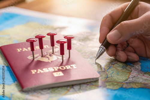 Pins Marking Travel Itinerary Points on Map with Two Passport