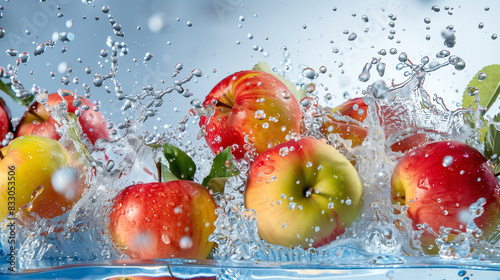 Fresh apples splashing in water against a blue gradient background