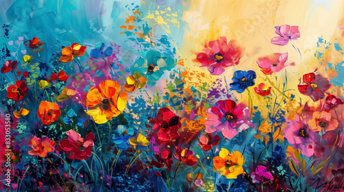 Vibrant abstract painting of colorful wildflowers in a field photo