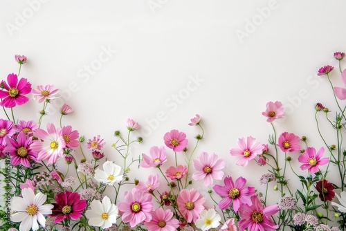 Cosmos flowers on white background with copy space for text, flat lay top view beauty in nature concept