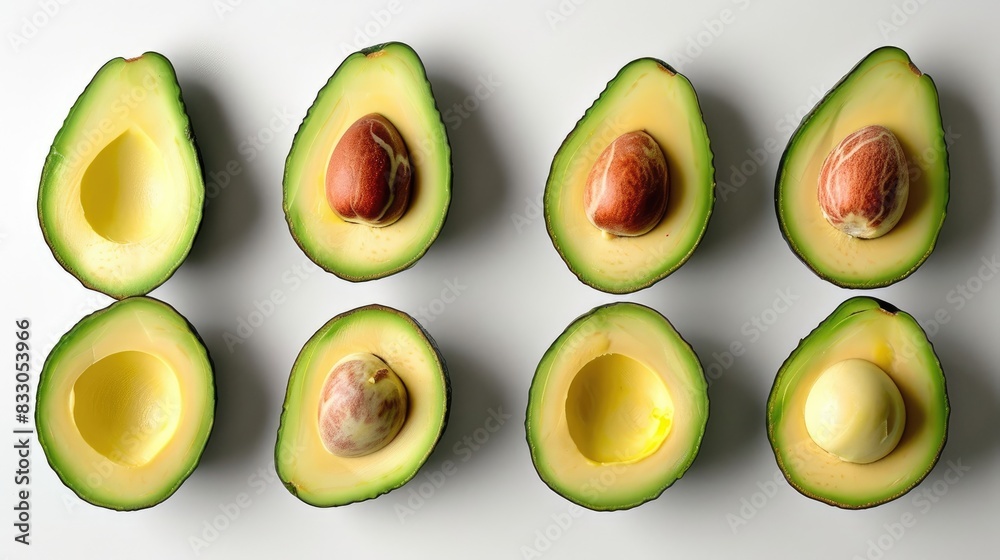 Avocado slices displayed on a plain white surface Avocado slices displayed on a plain white surface