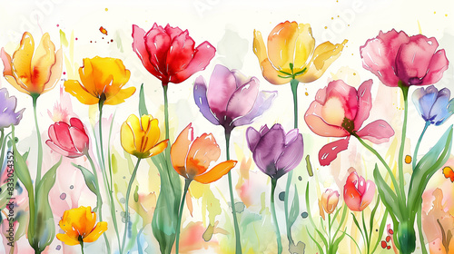 Watercolor painting of colorful spring flowers in a field