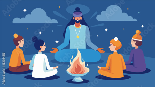 With the aroma of incense in the air a spiritual counselor leads a group in a chanting session inviting them to connect with their inner selves and. Vector illustration