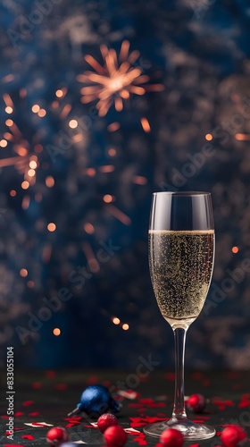 Champagne flute with sparkling champagne, fireworks in the background, and festive decorations on the table photo