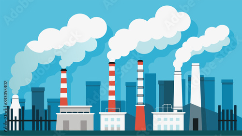 Rising high into the sky the smokestacks of the industrial sector belched out plumes of white steam a sure sign of the powerful turbines at work. Vector illustration