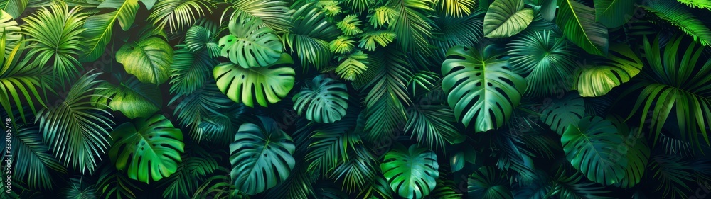 The rich green foliage provides a verdant canvas for the vibrant hues of tropical flowers, their colors popping vividly like splashes of bright paint, enhancing the beauty of the scene.