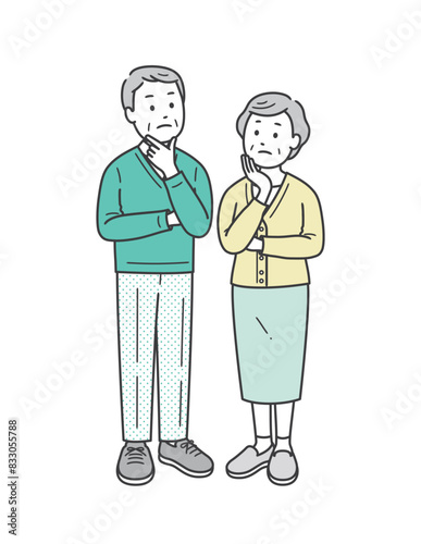 高齢男女の夫婦が並んで立って悩んでいる全身イラスト