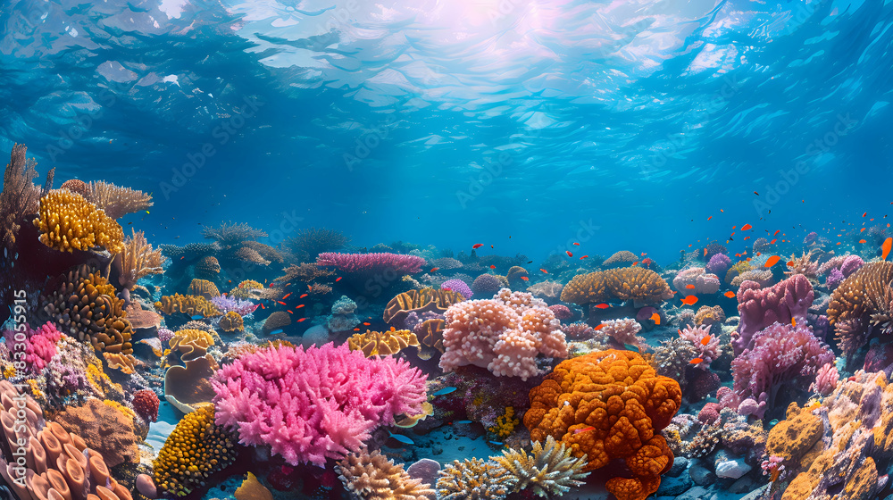 A vibrant nature ocean landscape with a colorful coral reef just below the surface
