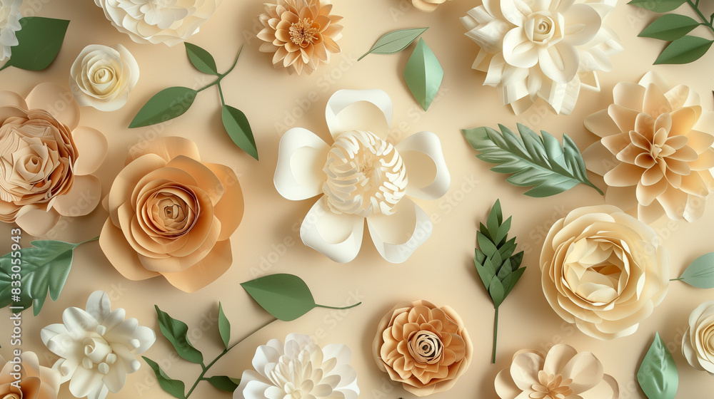 Intricate paper flowers and leaves arranged on a soft beige background Intricate paper flowers and leaves arranged on a soft beige background