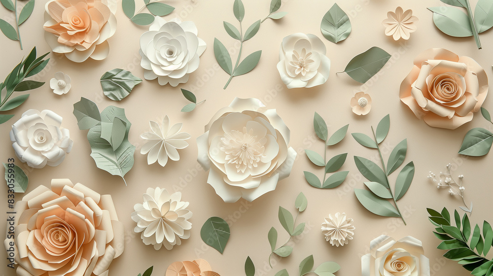 Intricate paper flowers and leaves arranged on a soft beige background Intricate paper flowers and leaves arranged on a soft beige background