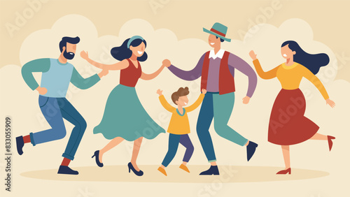 Families join in on a traditional square dance twirling and dosidoing to the lively country music.. Vector illustration