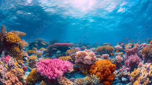 A vibrant nature ocean landscape with a colorful coral reef just below the surface