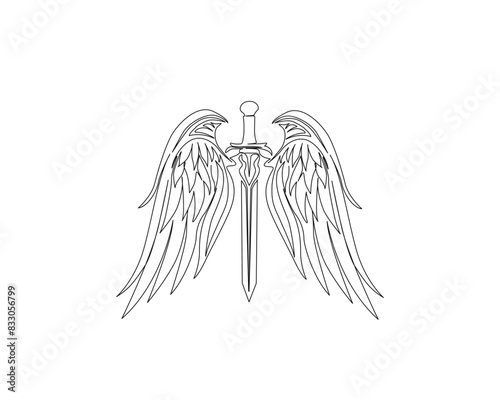 Continuous one line drawing of sword wings. Simple sword with angel wings single outline vector illustration. Editable stroke.