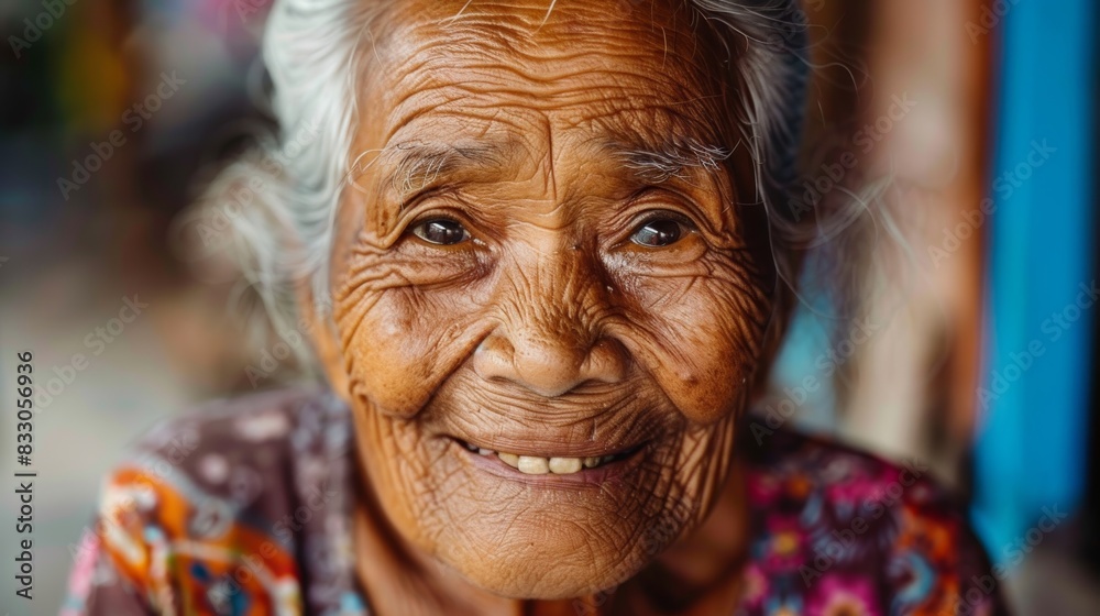 An old woman smiles warmly at the camera, her eyes sparkling with a lifetime of experiences and inner peace. An old woman smiles warmly at the camera, her eyes sparkling with a lifetime of experiences and inner peace.
