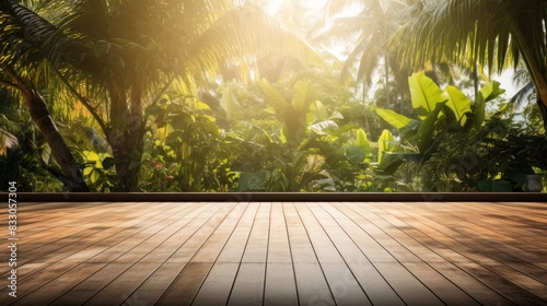 a polished wooden plank floor with a serene tropical tree garden background 