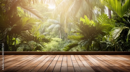 a polished wooden plank floor with a serene tropical tree garden background 