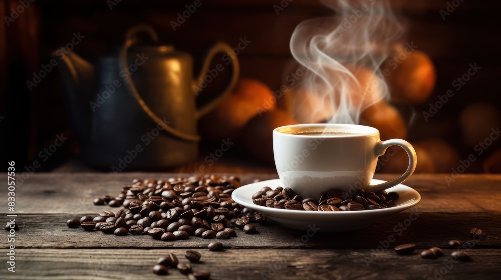 wooden table with a steaming mug of coffee, a few scattered coffee beans, wooden table with a steaming mug of coffee, a few scattered coffee beans,