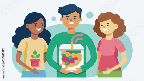 A trio of friends gathered around a model of the digestive system explaining how food travels through the body.. Vector illustration